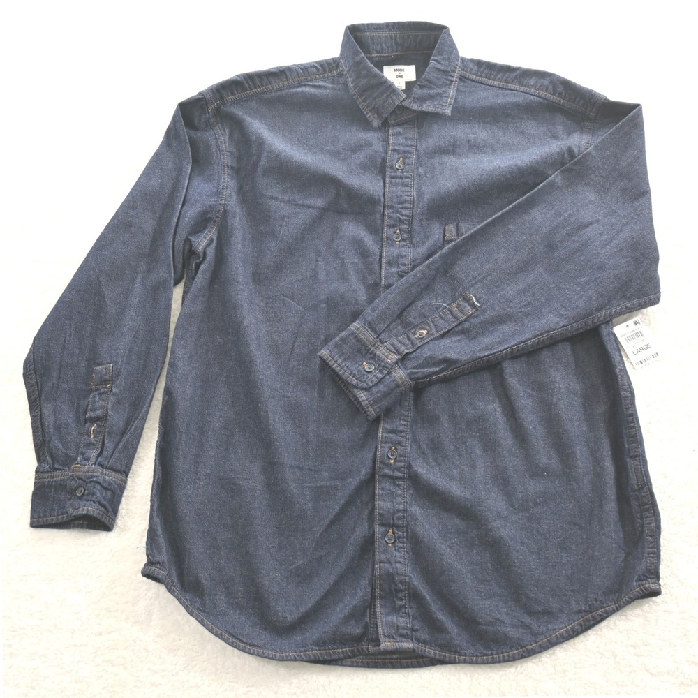 Mode of One Wall Street Dark Denim Button Down Shirt Mens Large NWT